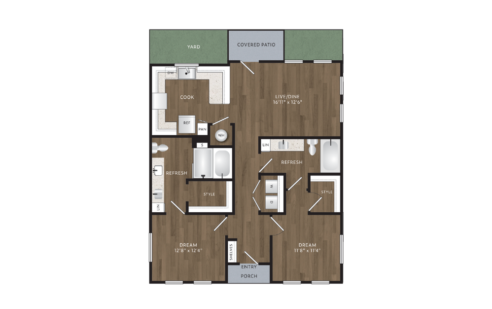 B1H - 2 bedroom floorplan layout with 2 bathrooms and 1081 square feet
