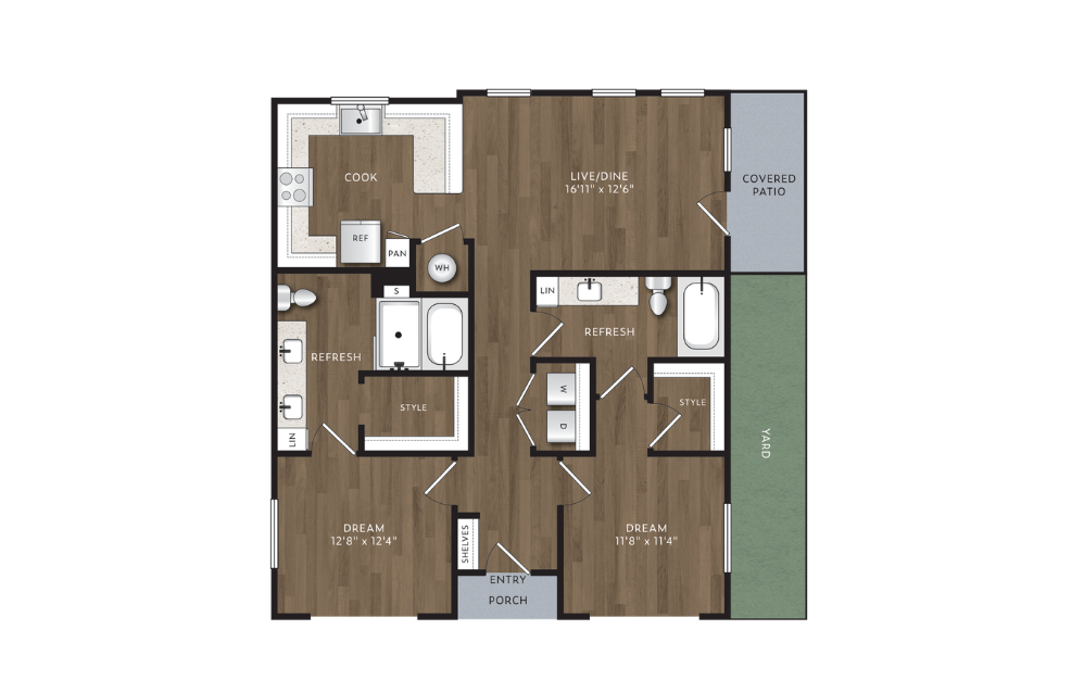 B2H - 2 bedroom floorplan layout with 2 bathrooms and 1081 square feet